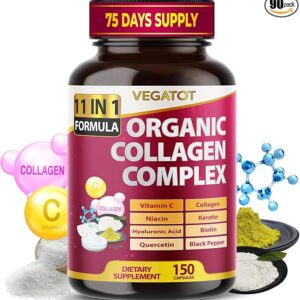 Collagène biologique avec acide hyaluronique, vitamine C, biotine, kératine et niacine – Soutient la santé de la peau, des cheveux, des ongles et des articulations, et favorise un vieillissement sain – Fabriqué aux États-Unis (90 unités (lot de 1))