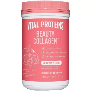 Complément alimentaire en poudre de peptides de collagène Vital Proteins Beauty pour femmes, 120 mg d'acide hyaluronique - 15 g de collagène par portion - Améliore l'élasticité et l'hydratation de la peau - Fraise citron